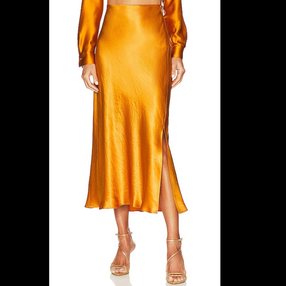 Vince Side Slit Satin Midi Skirt Size 1X Women Preppy High Waist In Gold Sap